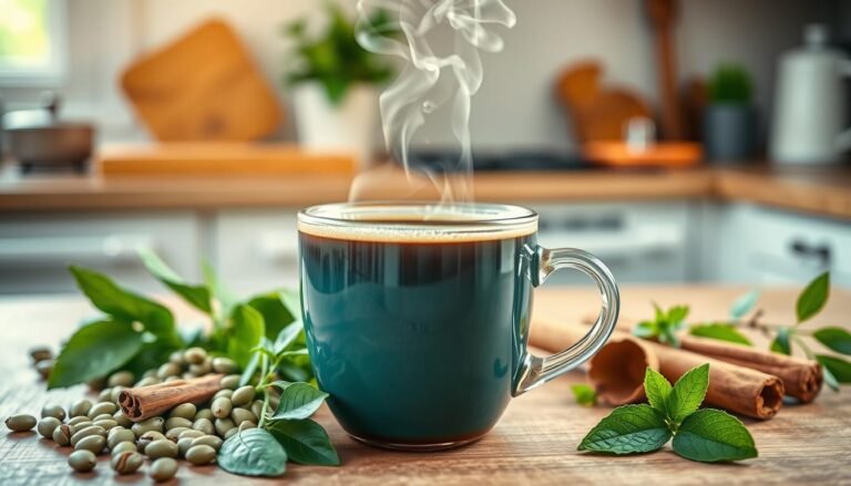 Lightly steaming cup of black coffe in a kitchen surrounded by tasty and healthy food.