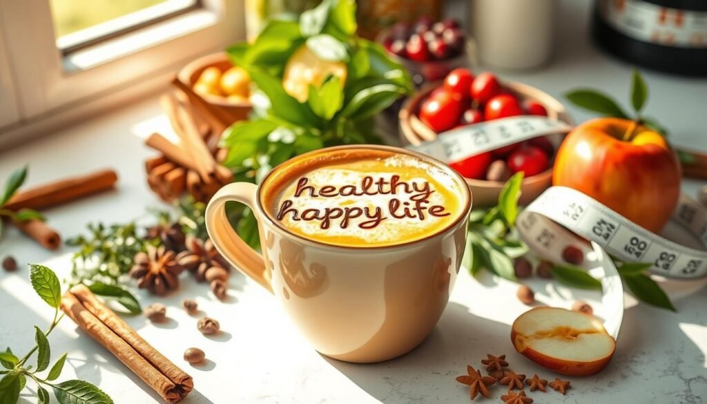 Beautiful light cup of coffee surrounded by fruits, vegetables and other amazing healthy foods to eat.